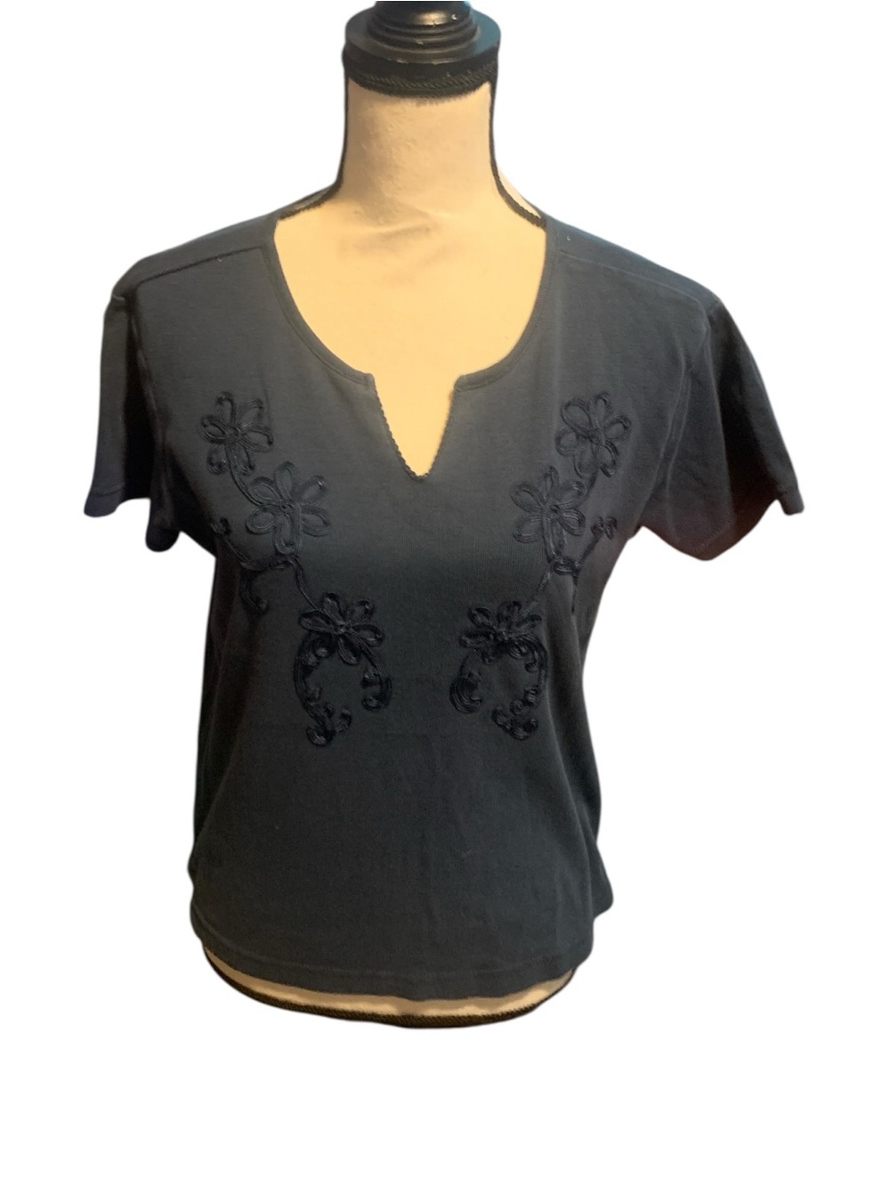 High Sierra Women's Navy Blue Embroidered Short-Sleeve V-neck Top